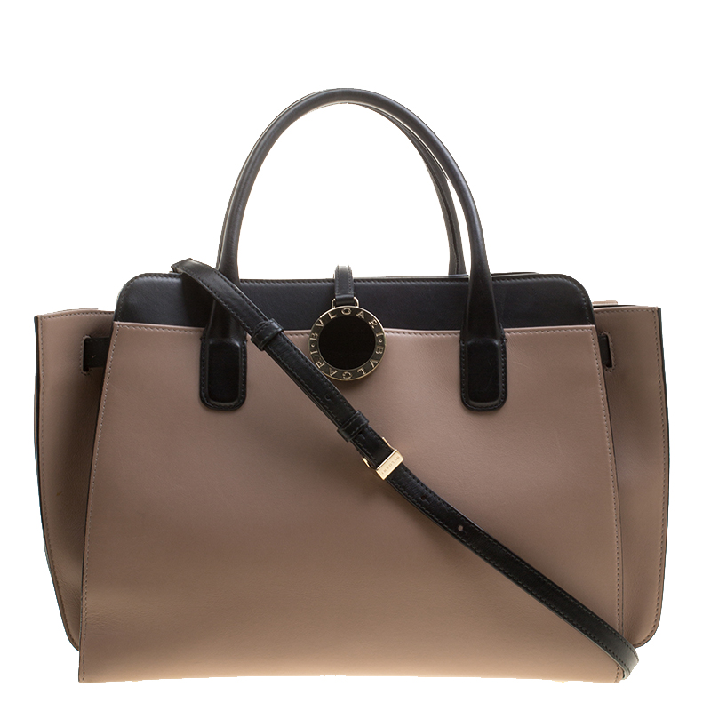 Bvlgari Taupe and Black Leather Tote