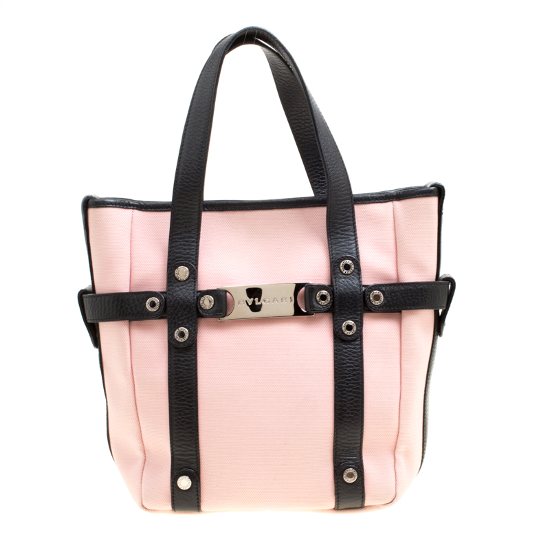 Pre Owned Bvlgari Pink/Black Canvas and Leather Tote