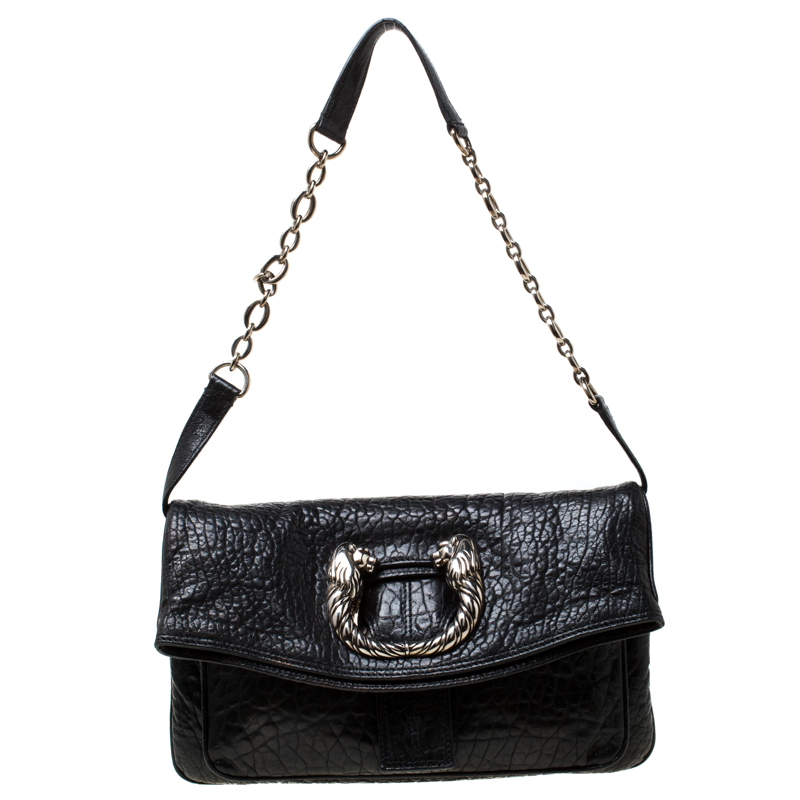 Bvlgari Black Leather Leoni Flap Clutch 