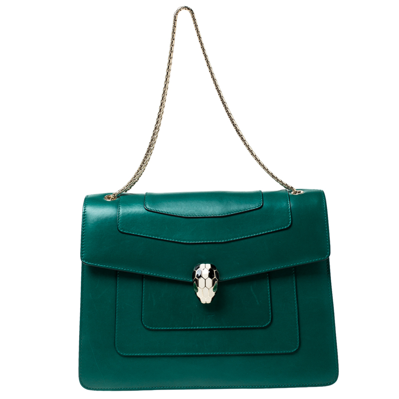 Bvlgari Green Leather Large Serpenti Forever Flap Bag