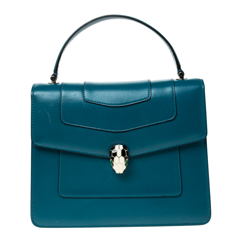 Pre Owned Bvlgari Teal Leather Serpenti Forever Flap Bag