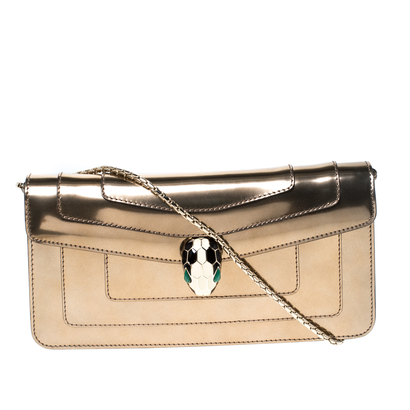 Pre Owned Bvlgari Metallic Bronze Patent Leather Serpenti Forever Shoulder Bag