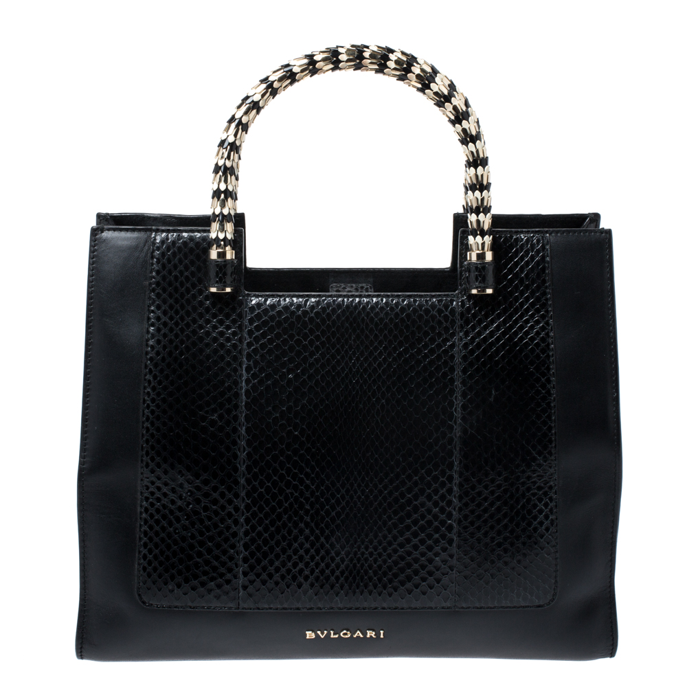 Pre Owned Bvlgari Black Python and Leather Serpenti Scaglie Tote
