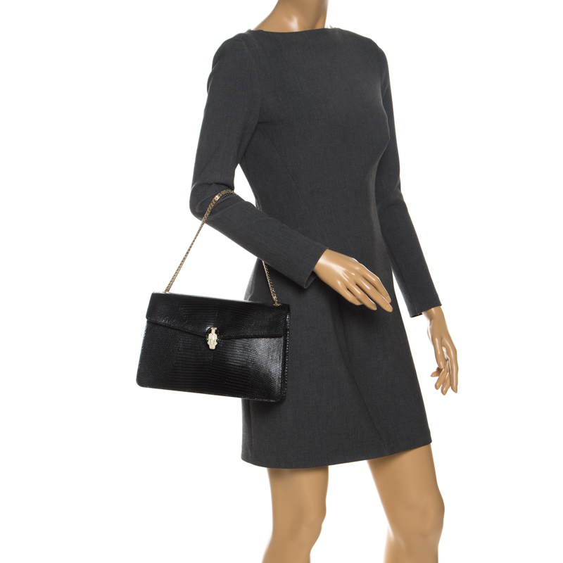 

Bvlgari Black Lizard Skin  Serpenti Flap Shoulder Bag
