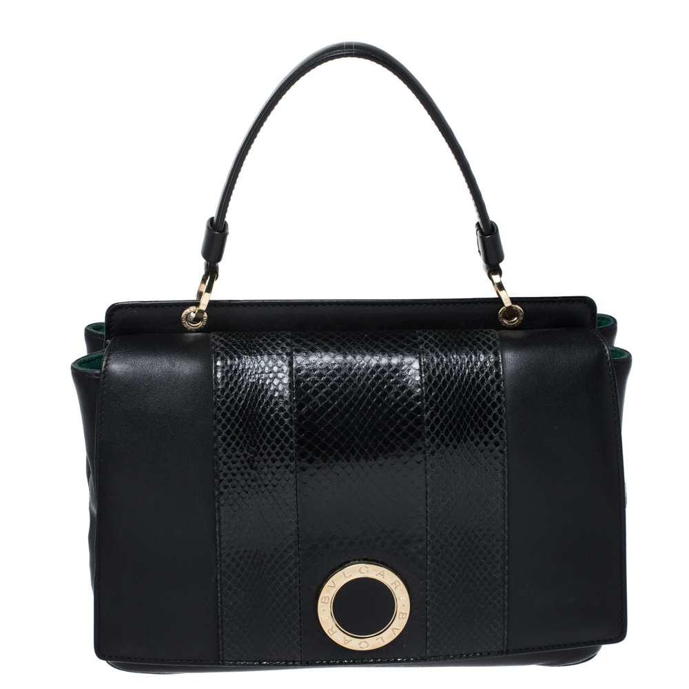 Bvlgari Black Leather and Python Top Handle Bag