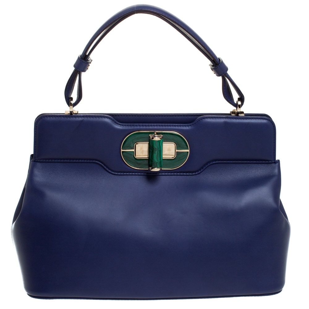 Pre Owned Bvlgari Blue Leather Isabella Rossellini Top Handle Bag