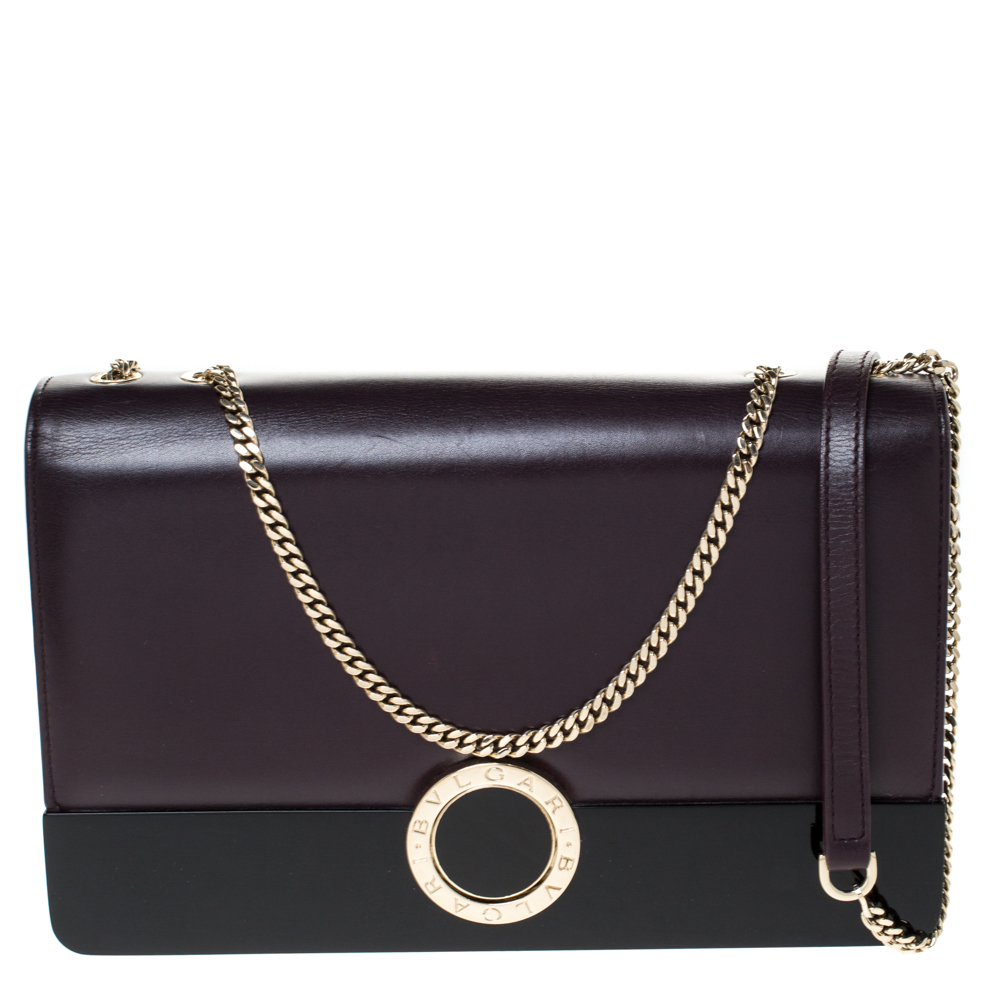 مملوكة مسبقًا حقيبة كتف بلغاري غطاء قلاب بلاستيك وجلد سوداء/ بنفسجية