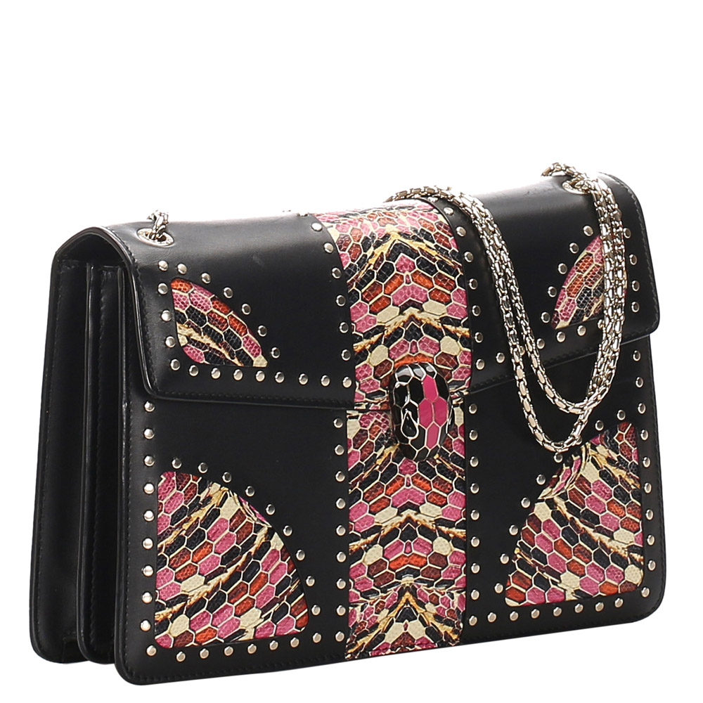 

Bvlgari Black Leather Embellished Serpenti Forever Flap Bag