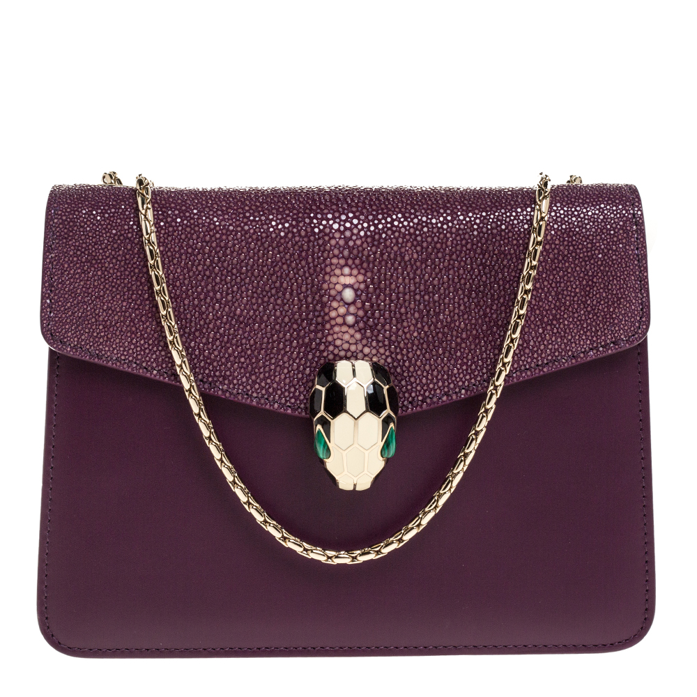 Pre Owned Bvlgari Purple Leather and Stingray Serpenti Forever Shoulder Bag
