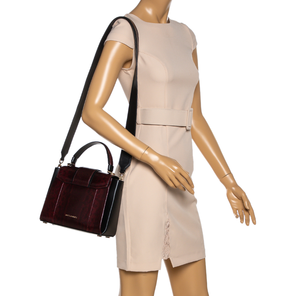 

Bvlgari Burgundy/Black Leather and Karung Serpenti Viper Top Handle Bag