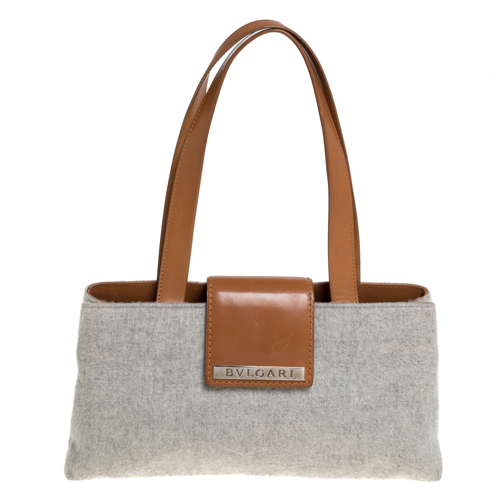 Bvlgari Grey/Tan Wool and Leather Shoulder Bag