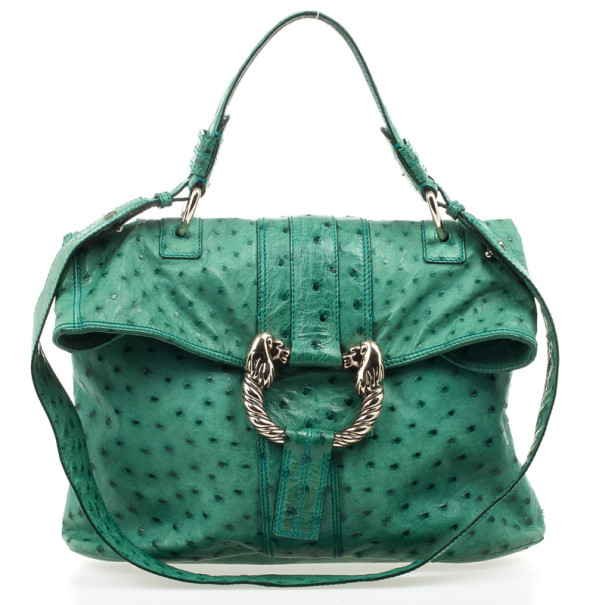 Pre Owned Bvlgari Green Ostrich Skin Leoni Shoulder Bag