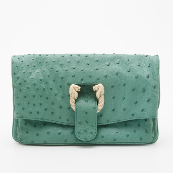 Pre Owned Bvlgari Jade Green Ostrich Clutch Bag