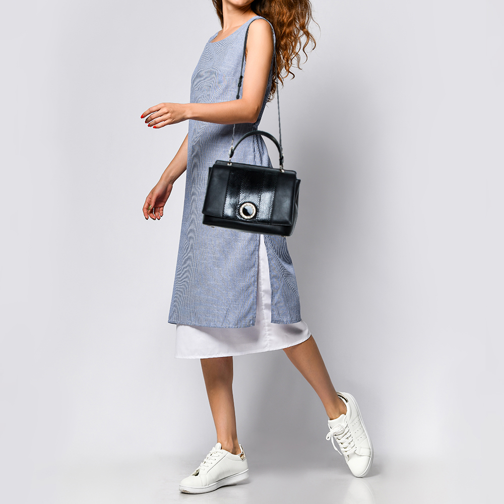 

Bvlgari Black Leather and Python Double Side Flap Top Handle Bag