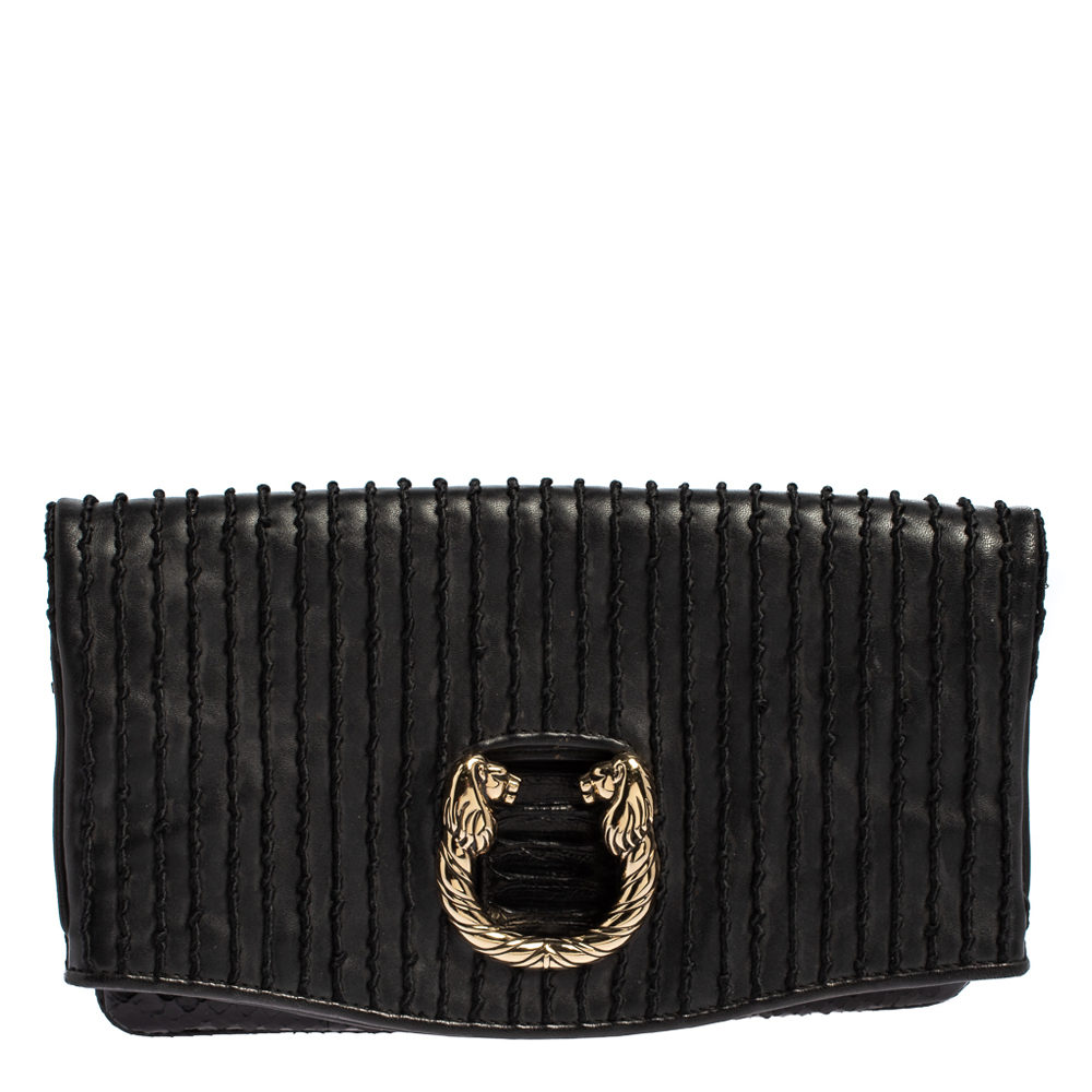Pre-owned Bvlgari Black Leather And Python Leoni Lion Head Flap Clutch