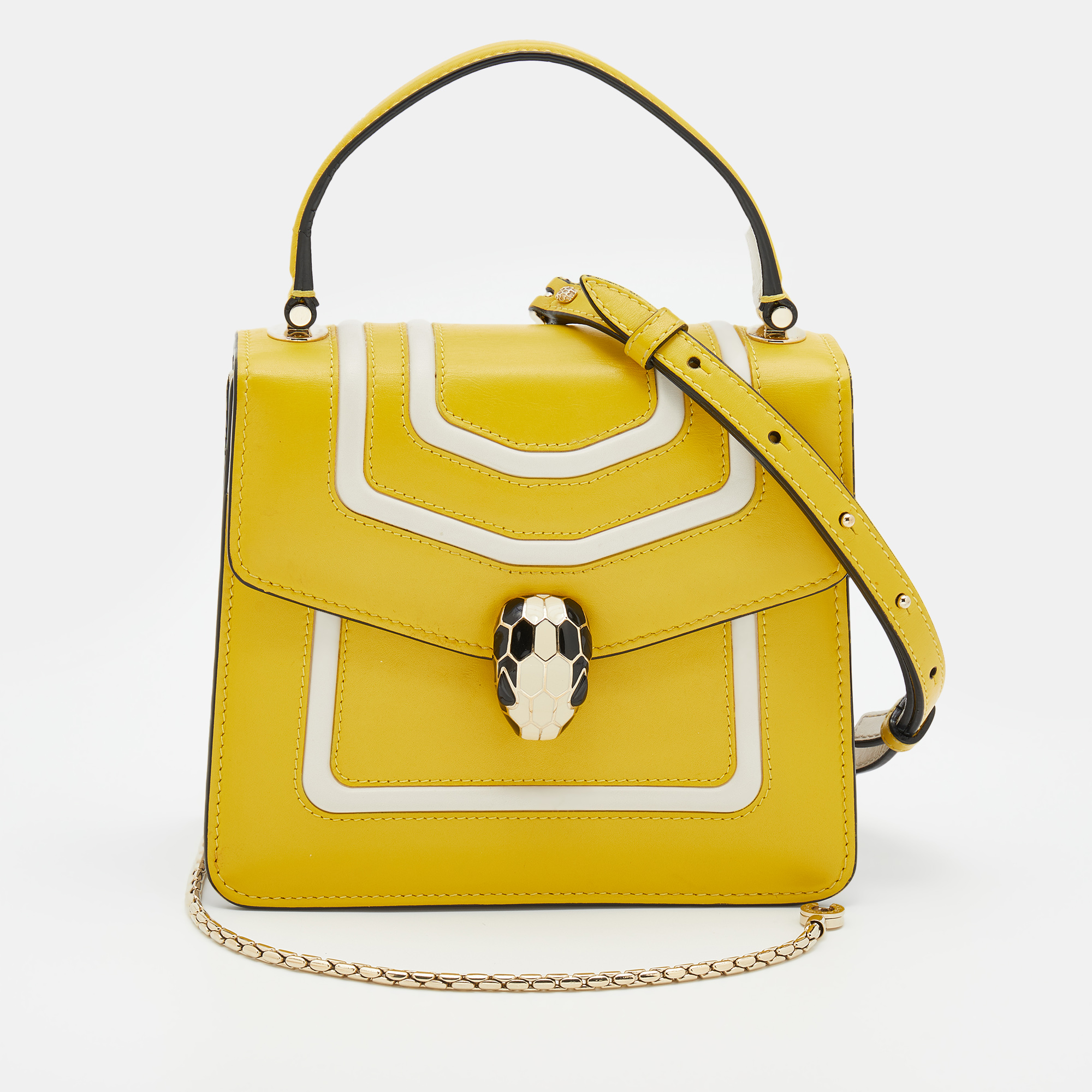 Pre Owned Bvlgari Yellow Leather Mini Serpenti Forever Top Handle Bag