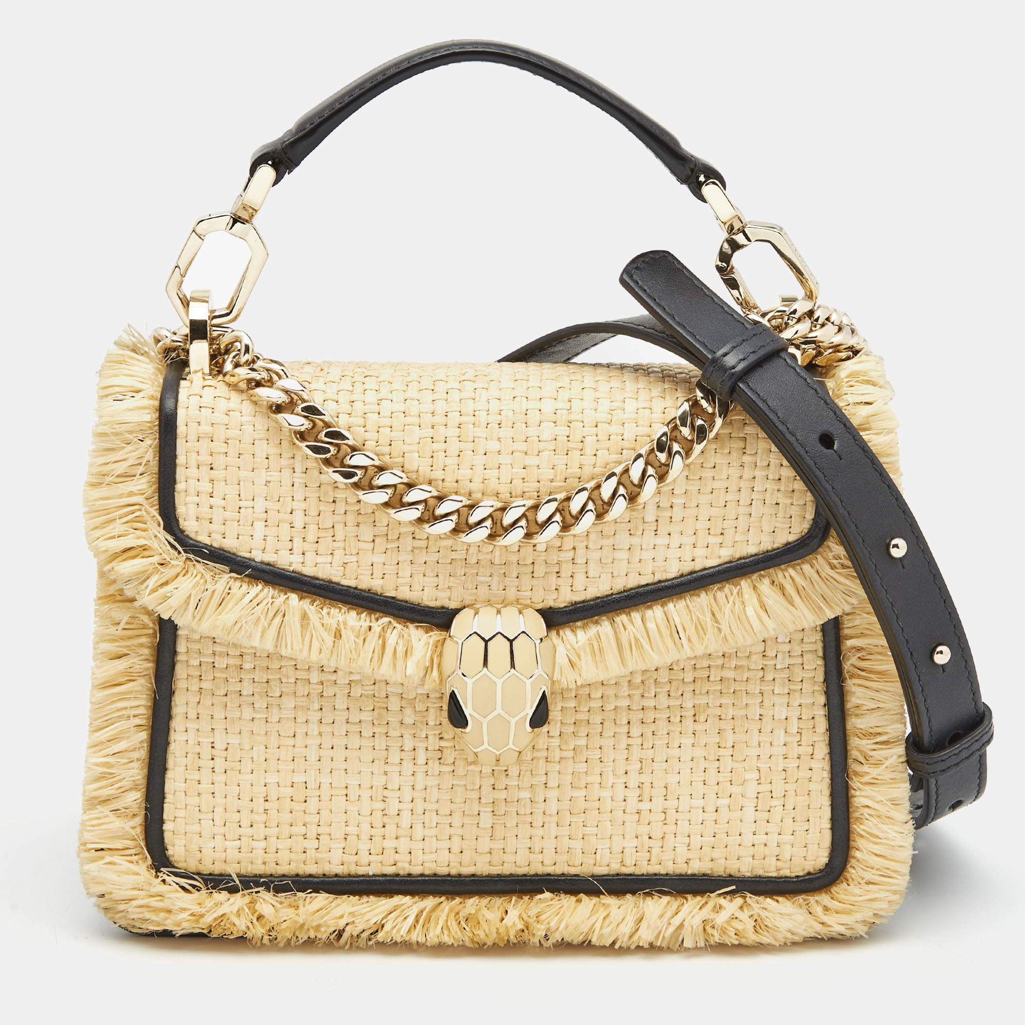 Bvlgari Cream/Black Raffia and Leather Serpenti Forever Top Handle Bag
