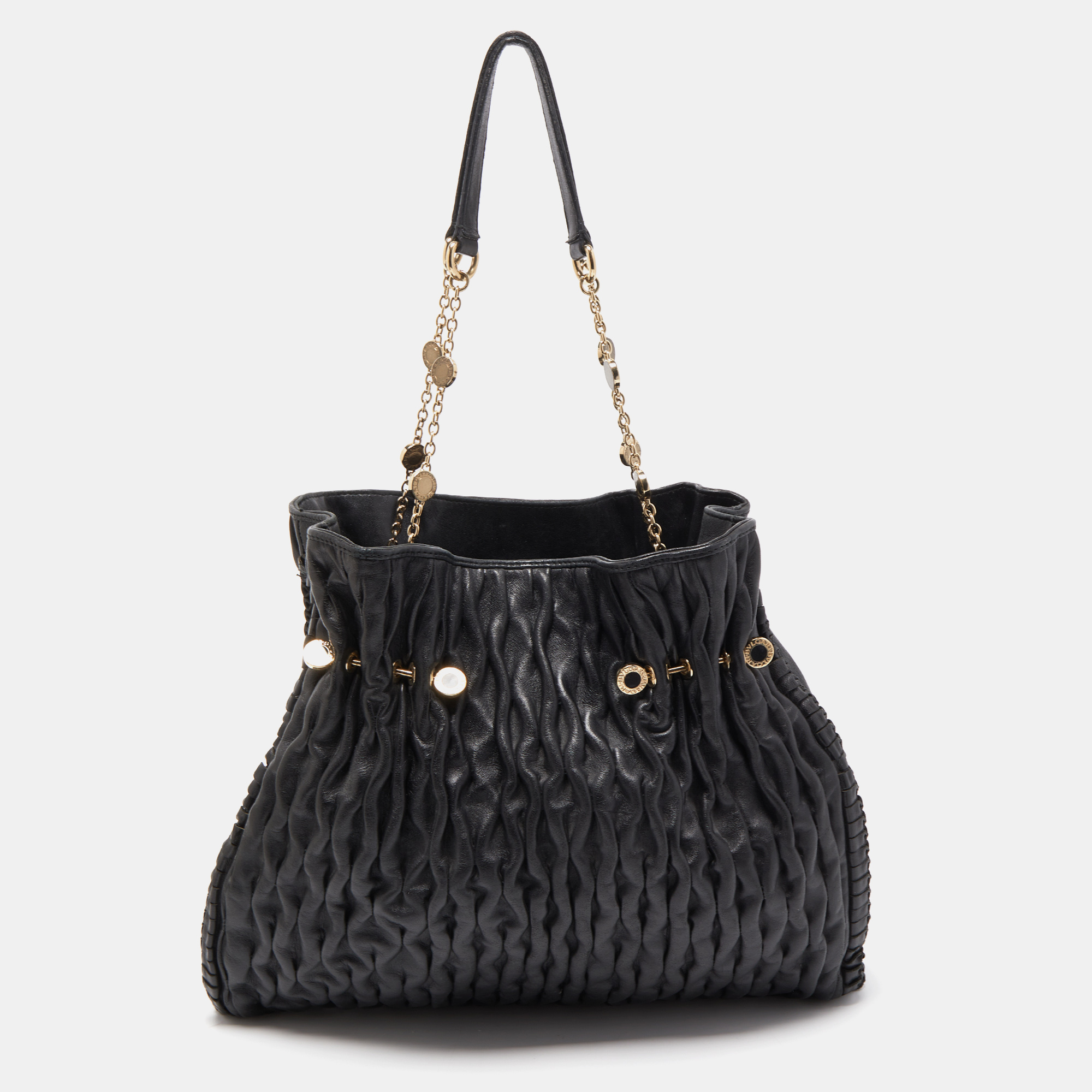 Pre Owned Bvlgari Black Leather Pleated Twit Tote