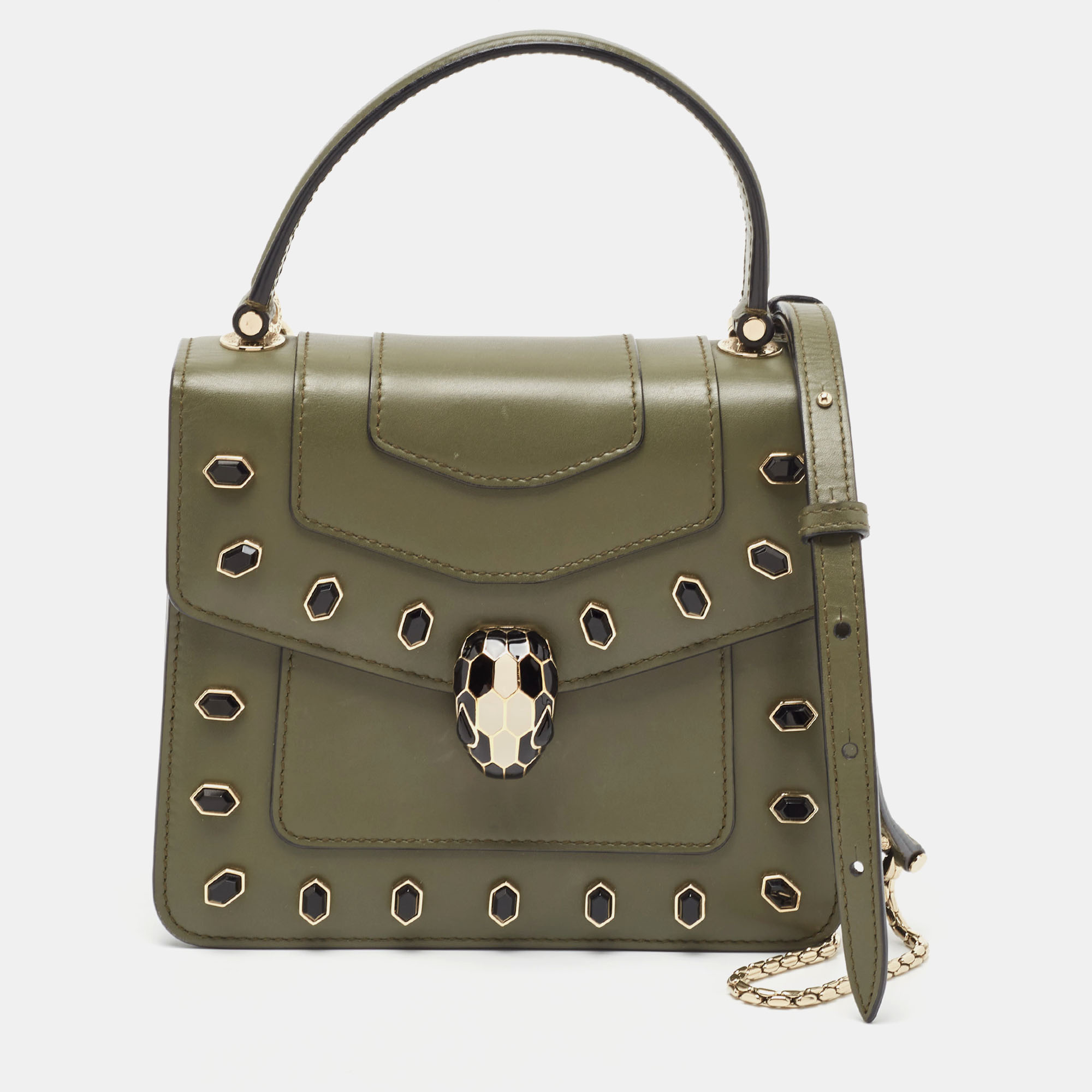 Bvlgari Fatigue Green Leather Small Crystal Embellished Serpenti Forever Top Handle Bag