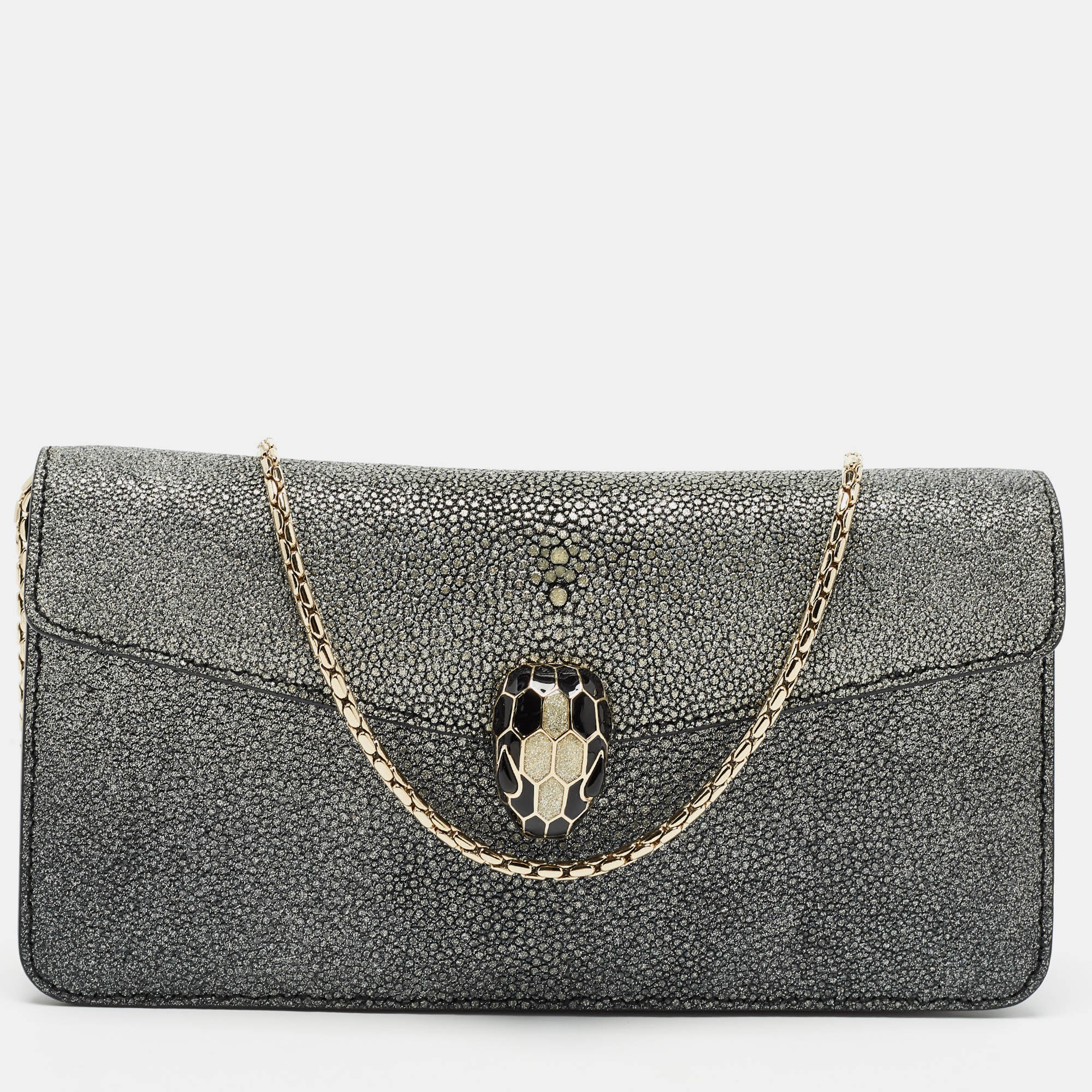 Pre-owned Bvlgari Grey Stingray And Leather Serpenti Forever Chain Clutch