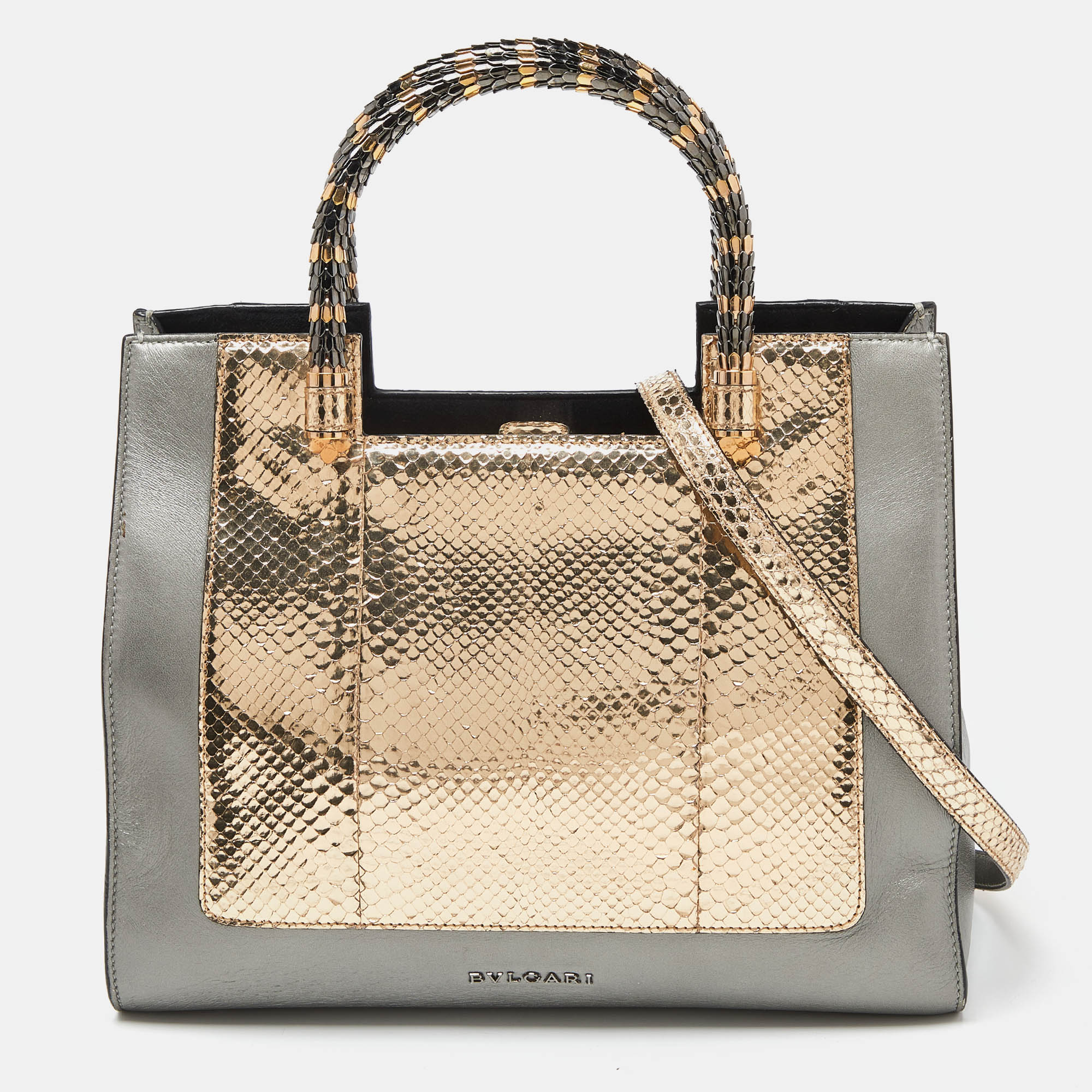 

Bvlgari Gold/Grey Python and Leather Serpenti Scaglie Tote