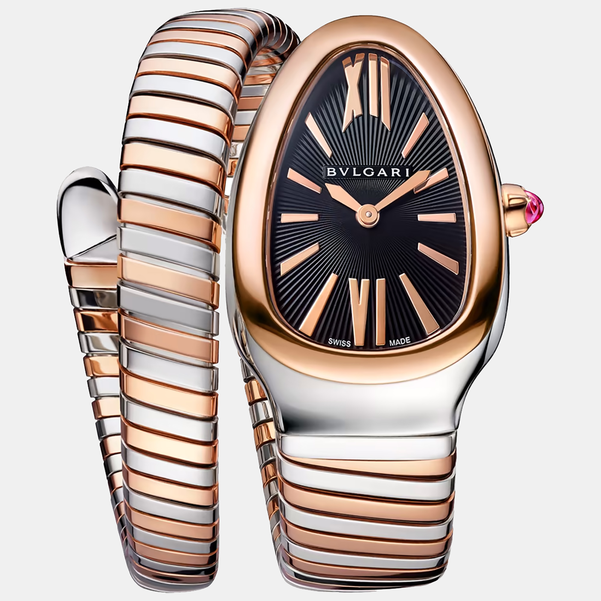 Pre-owned Bvlgari Black 18k Rose Gold Stainless Steel Serpenti Tubogas Women's Wristwatch 35 Mm