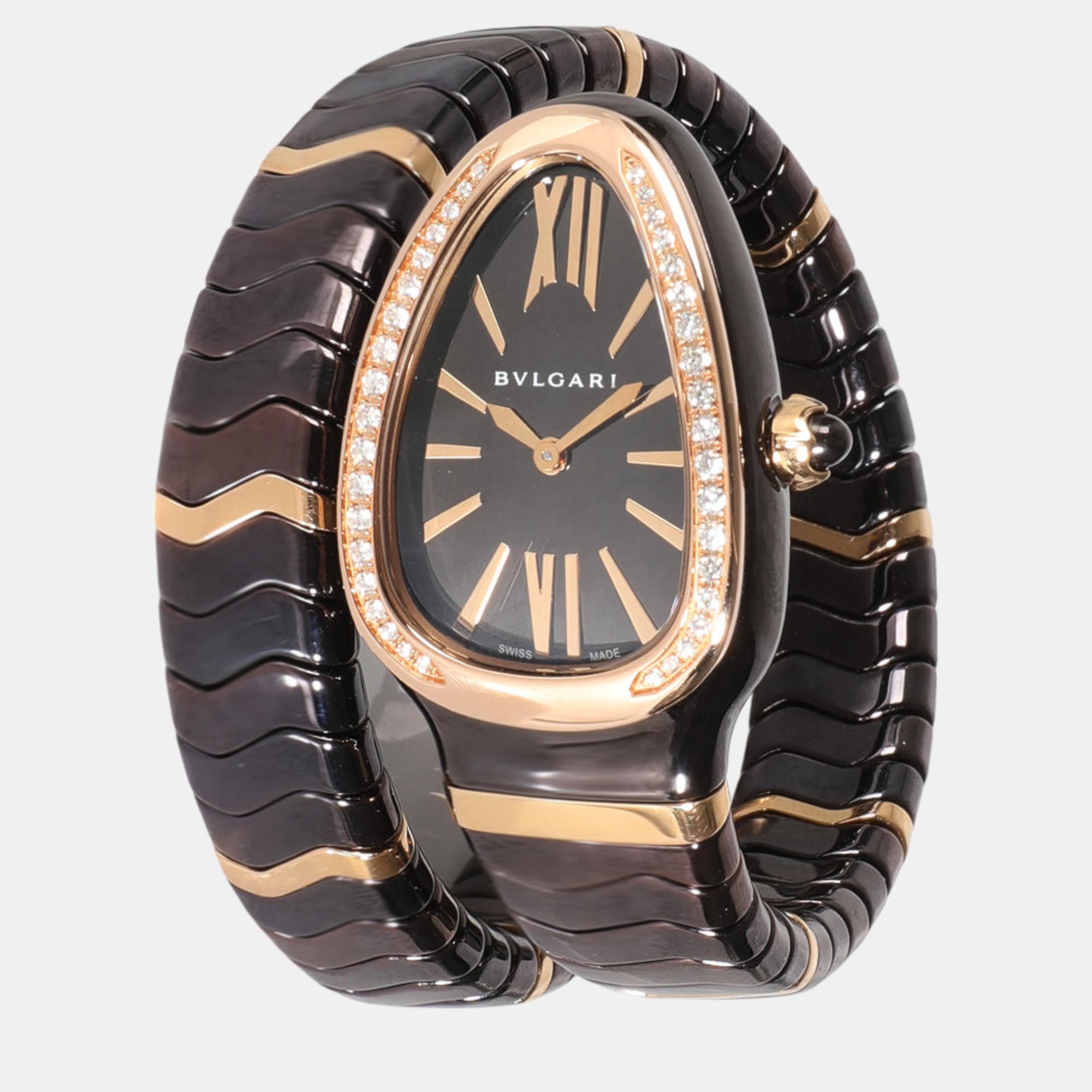 

Bvlgari Black Diamond 18k Rose Gold Serpenti Spiga 103060 Quartz Women's Wristwatch 23 mm