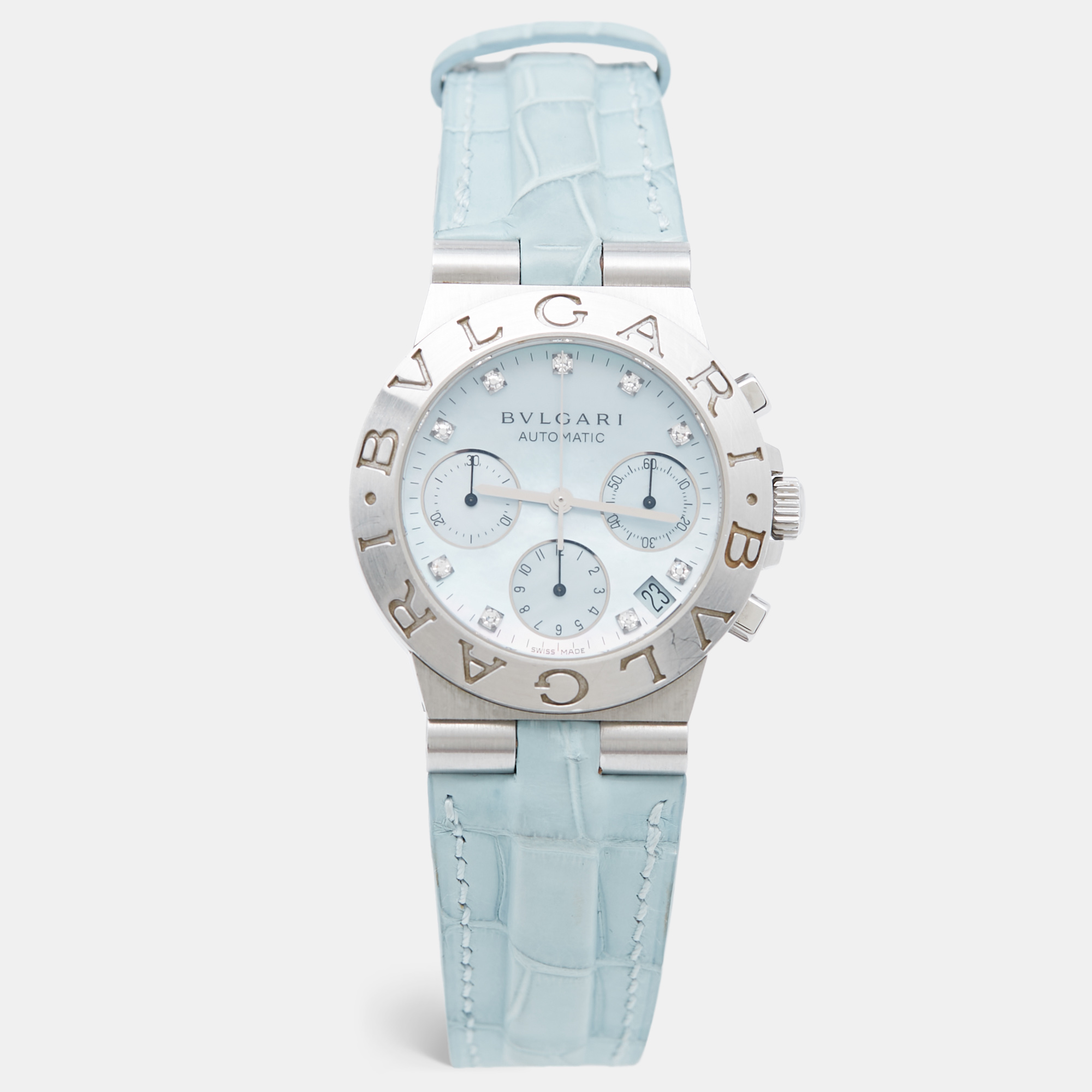 

Bvlgari Blue Mother Of Pearl Diamond Stainless Steel Alligator Leather Diagono CH 35  AUTO Women' Wristwatch 35 mm