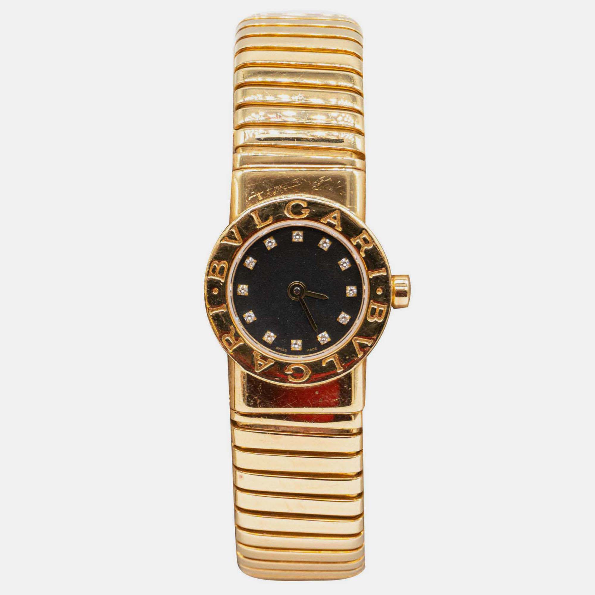Pre-owned Bvlgari Vintage Expandable Tubogas Bb19 2t Diamonds 18k Yg Quartz Women's Wrist Watch 19 Mm In Black