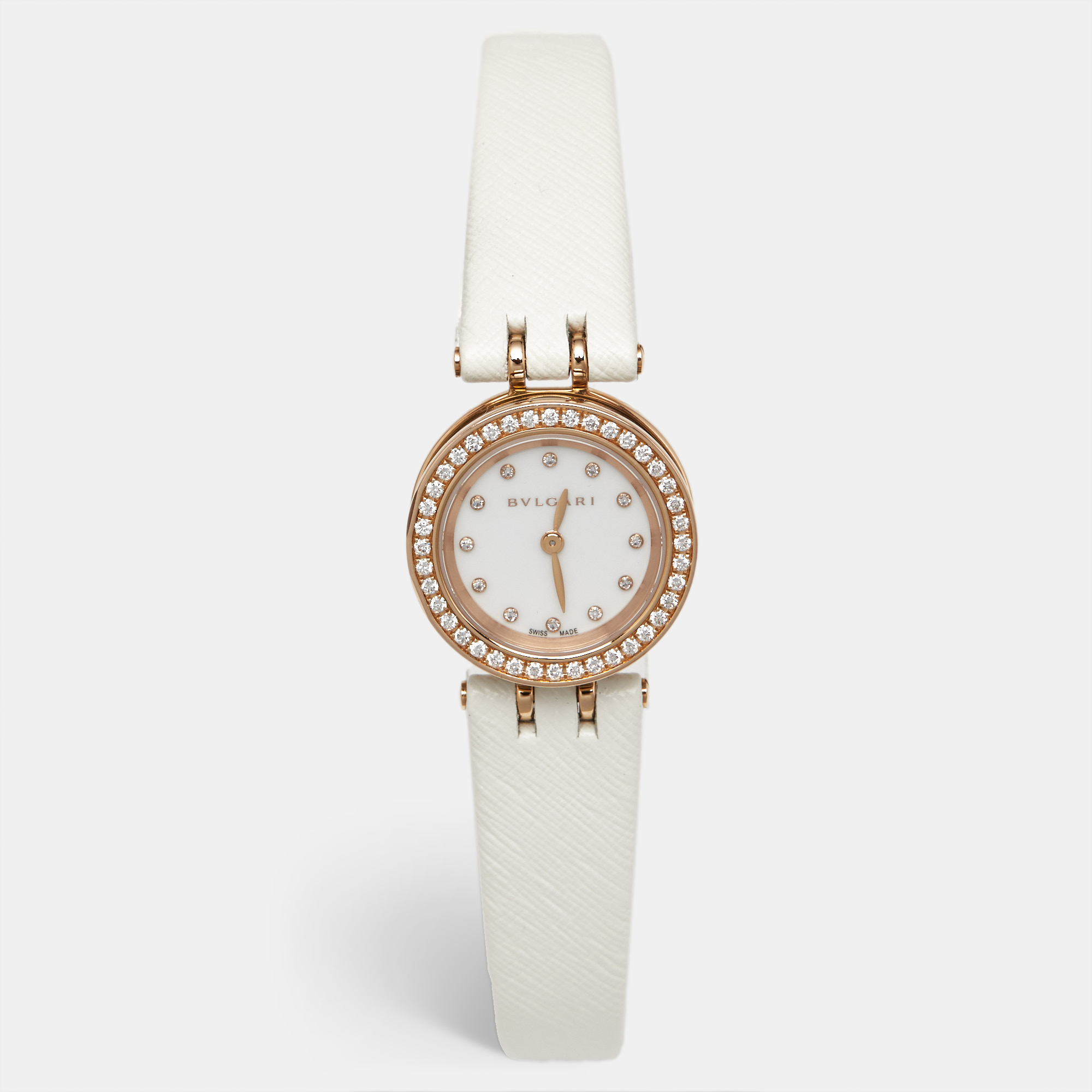 Pre-owned Bvlgari B.zero1 102398 White Dial Diamond 18k Rose Gold Stainless Steel Leather Women's Wristwatch 23 Mm