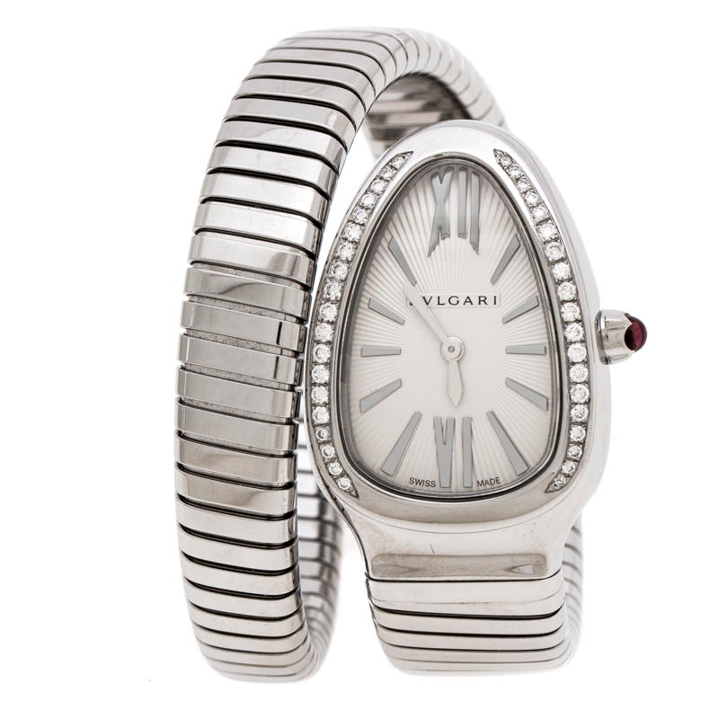 Bvlgari White Dial Stainless Steel Diamond Bezel Serpenti Women'S Watch 35MM