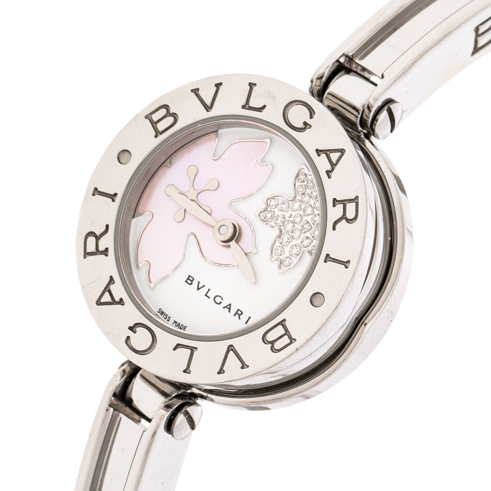 

Bvlgari Mother of Pearl White Flower Motif Stainless Steel Diamonds B.Zero1 BZ22S Women's Wristwatch, Silver