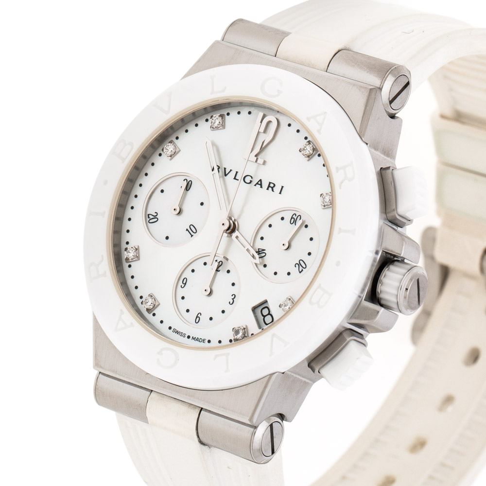

Bvlgari White Mother of Pearl White Ceramic Stainless Steel Diamonds Diagono DG37SCCH Women's Wristwatch