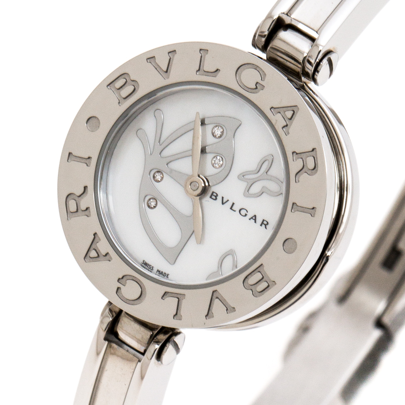 

Bvlgari White Mother of Pearl Butterfly Motif Stainless Steel Diamonds B.Zero1 BZ22S Women's Wristwatch, Silver