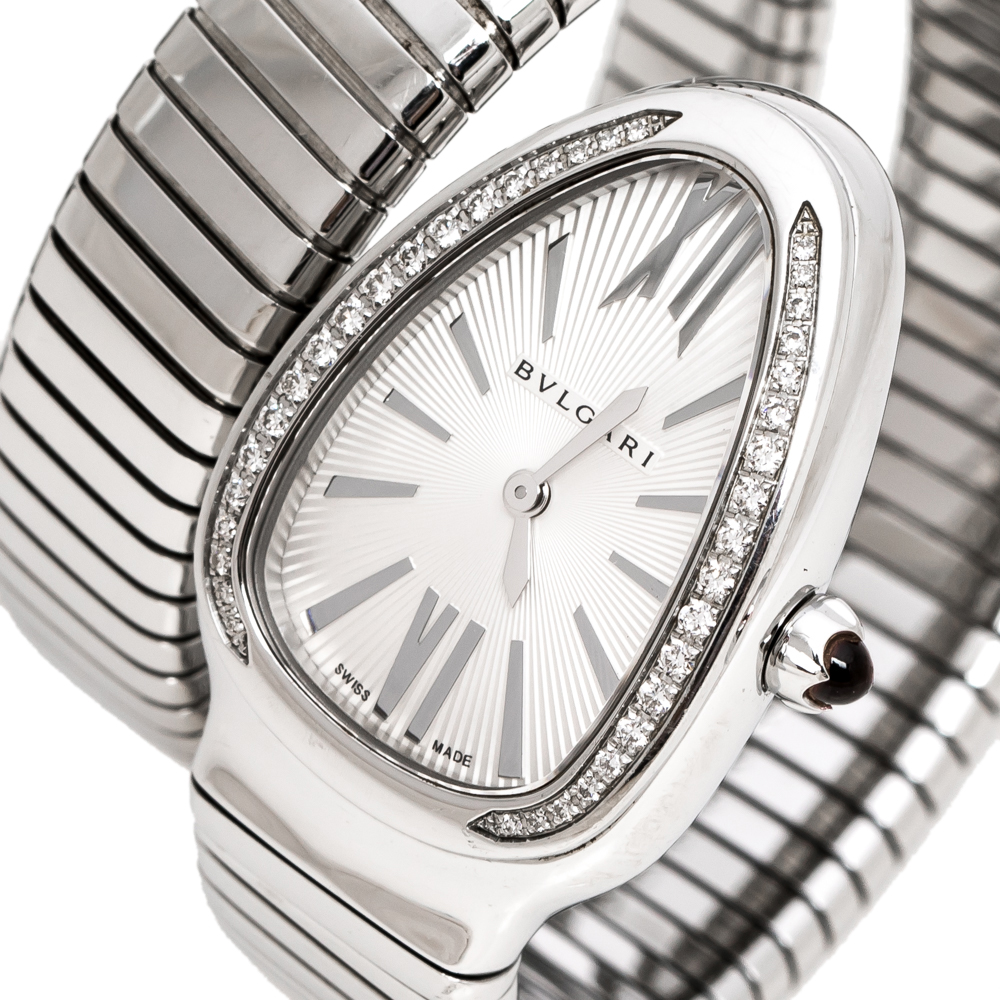 

Bvlgari Silver Opaline Guilloché Soleil Stainless Steel Diamond Serpenti Tubogas