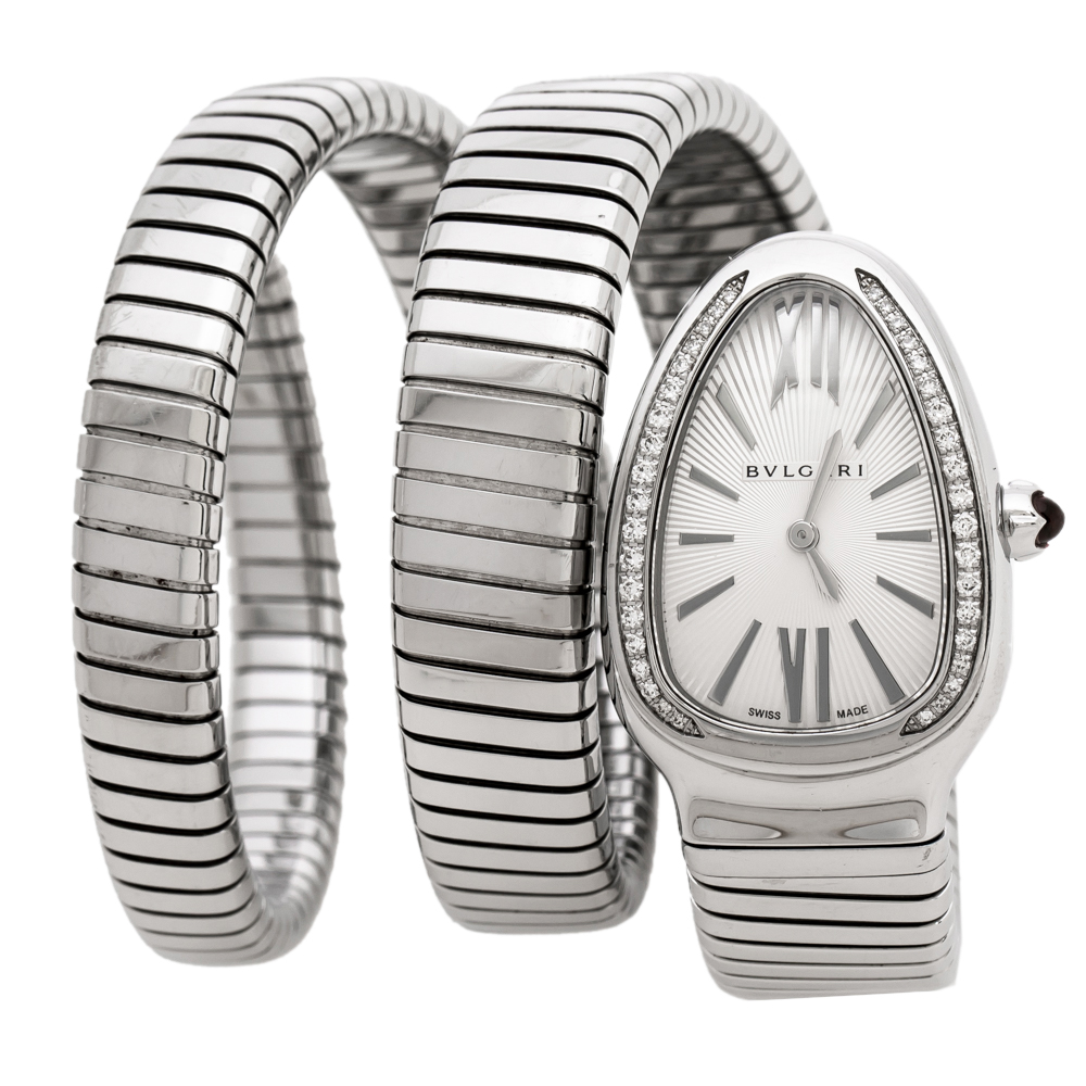 Bvlgari Silver Opaline Guilloché Soleil Stainless Steel Diamond Serpenti Tubogas 101910 Women's Wristwatch 35 mm