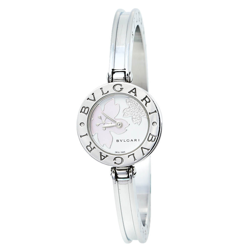 Pre-owned Bvlgari White Mother Of Pearl Flower Motif Stainless Steel Diamonds B.zero1 Bz22s Women's Wristwatch 22 Mm