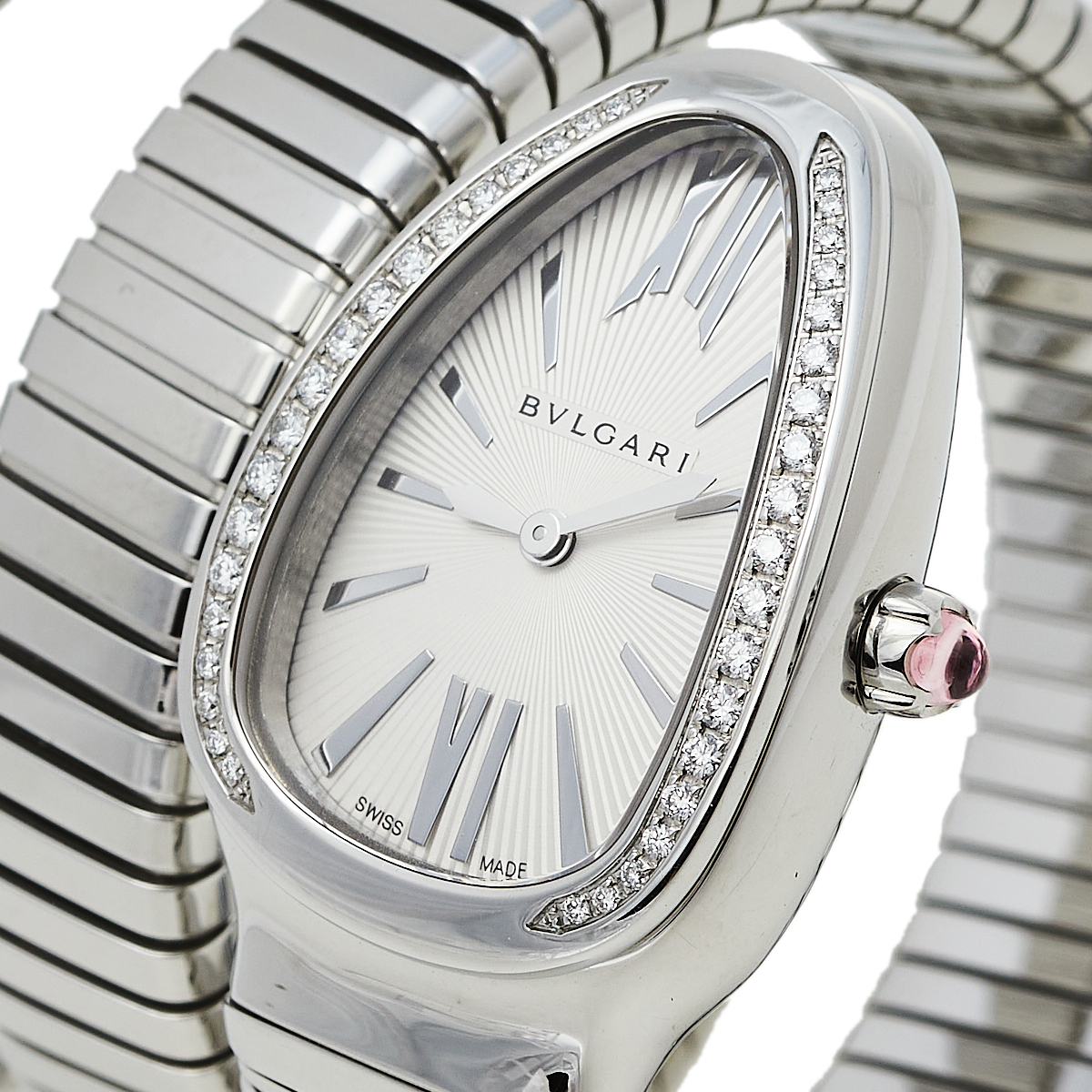 

Bvlgari Silver Opaline Guilloché Soleil Stainless Steel Diamond Serpenti Tubogas