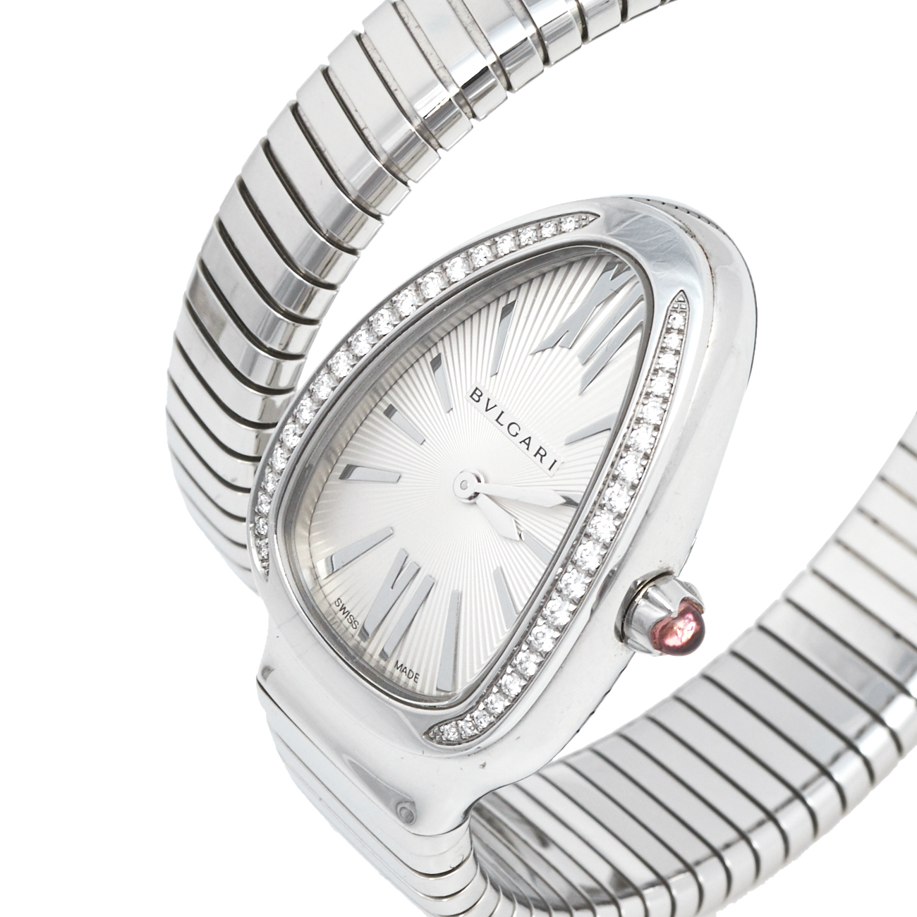 

Bvlgari Silver Opaline Guilloché Soleil Stainless Steel Diamond Serpenti Tubogas 101816 Women's Wristwatch 23 mm