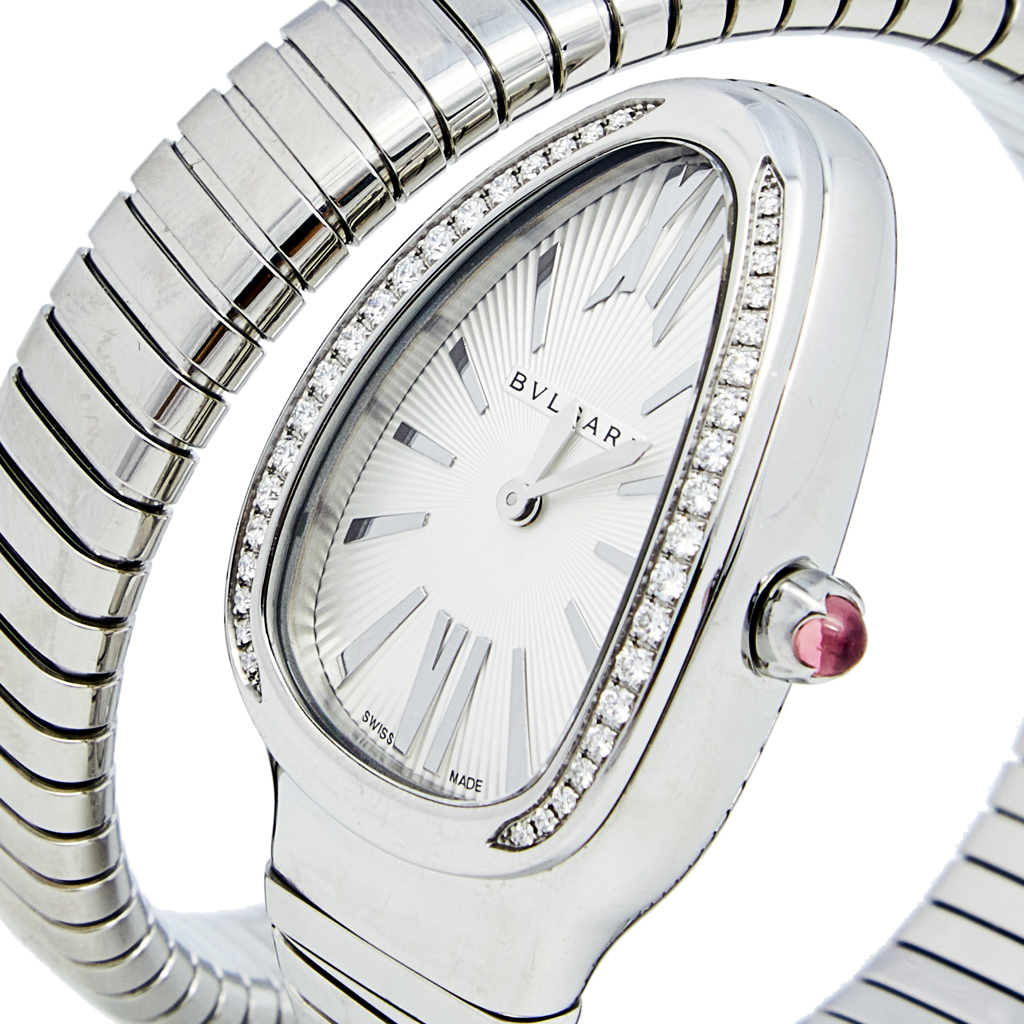 

Bvlgari Silver Opaline Guilloché Soleil Stainless Steel Diamond Serpenti Tubogas