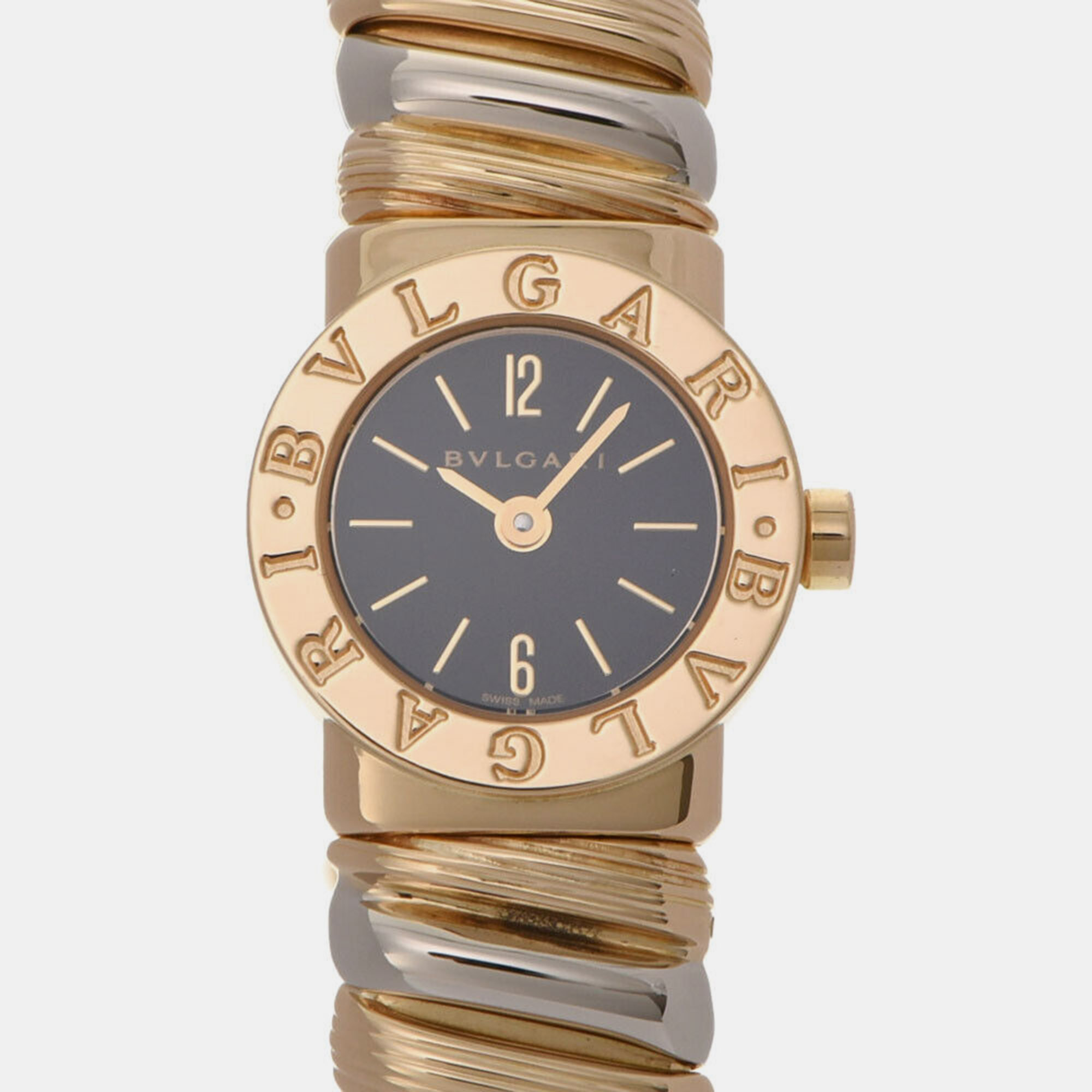 Pre-owned Bvlgari Black 18k Yellow Gold Tubogas Bb192t Quartz Women's Wristwatch 19 Mm