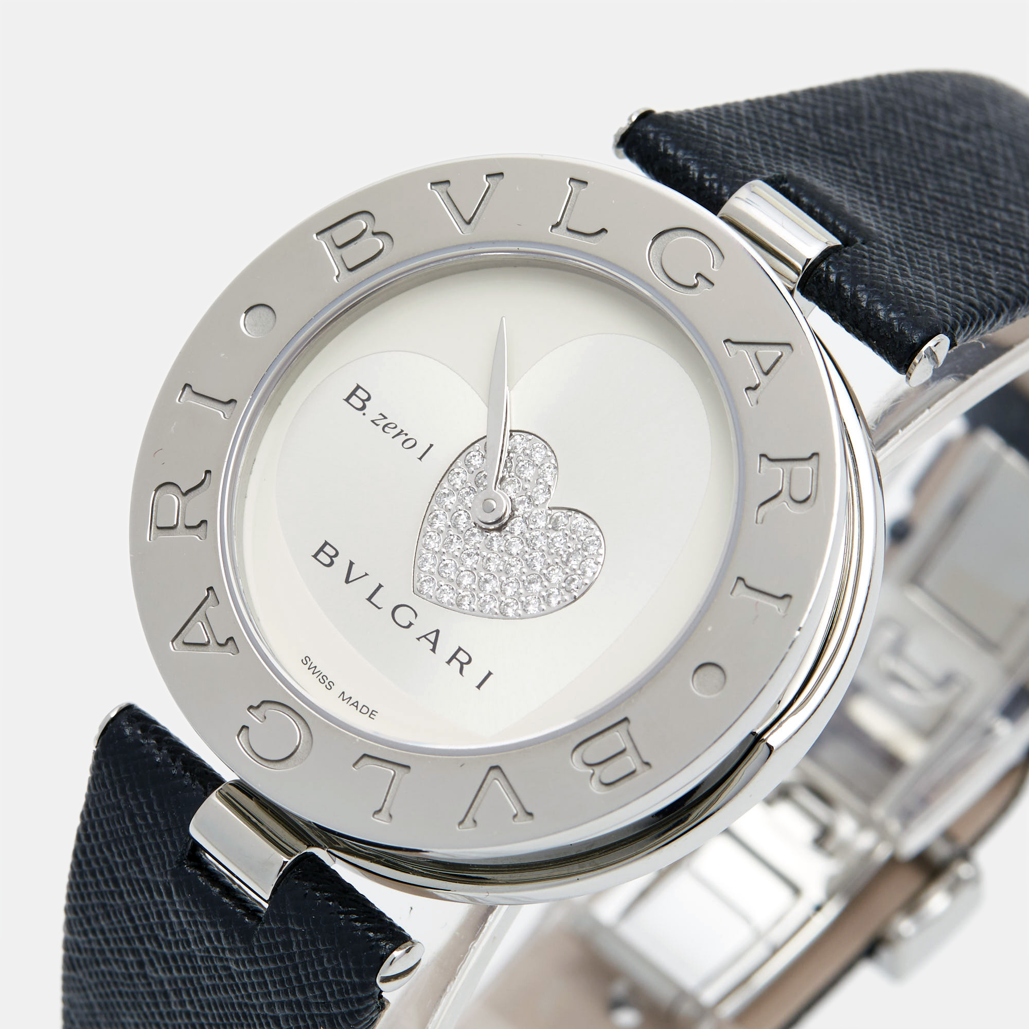 

Bvlgari SIlver Heart Diamond Pave Stainless Steel Leather B.Zero1 BZ 35  Women' Wristwatch 35 mm, Black