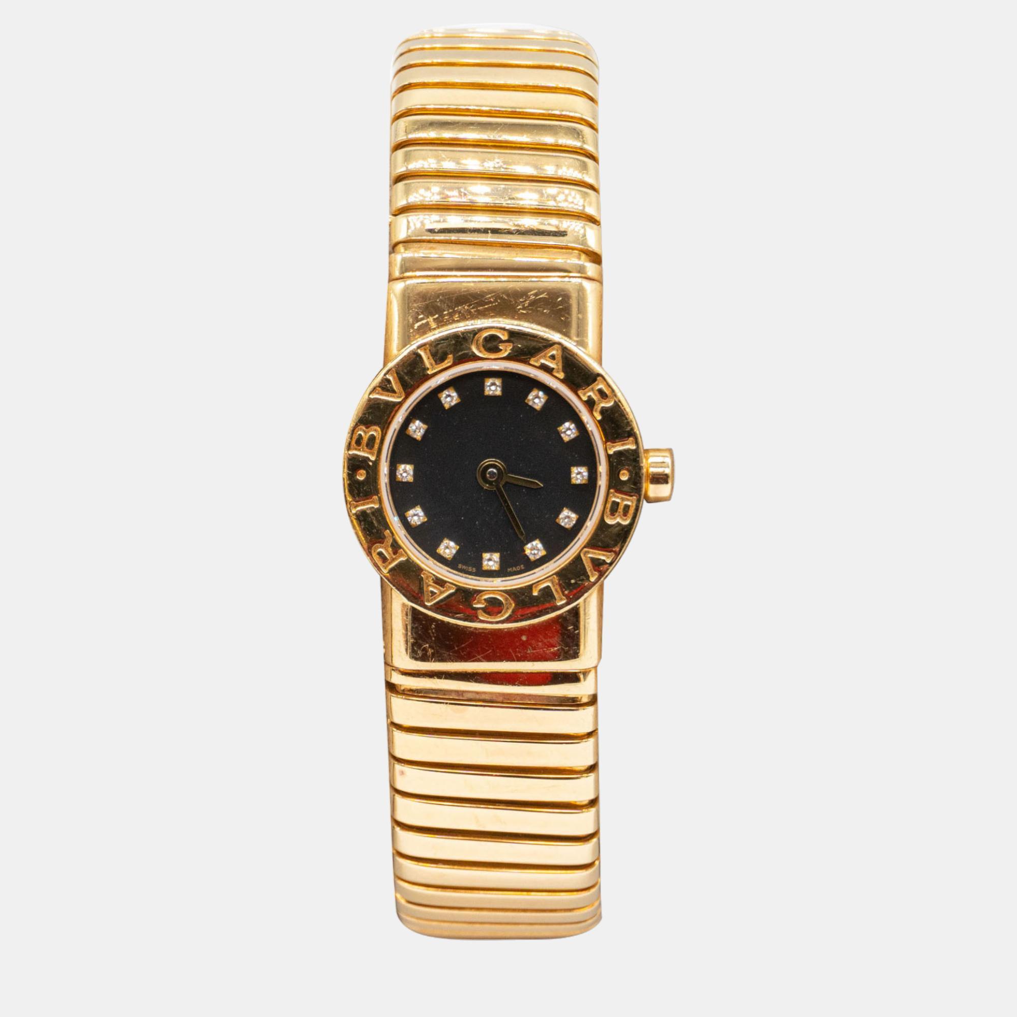 Pre-owned Bvlgari Vintage Expandable Tubogas Bb19 2t Watch With Diamonds In 18k Yg (mini Model) In Black