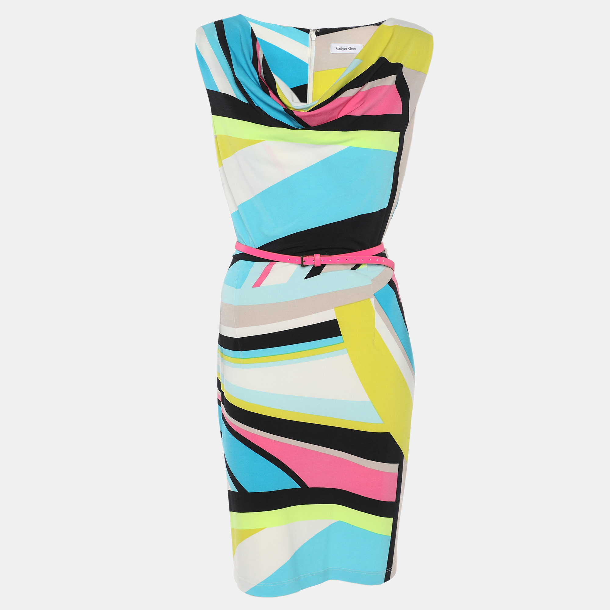 Pre-owned Calvin Klein Multicolor Printed Jersey Sleeveless Belted Mini Dress L