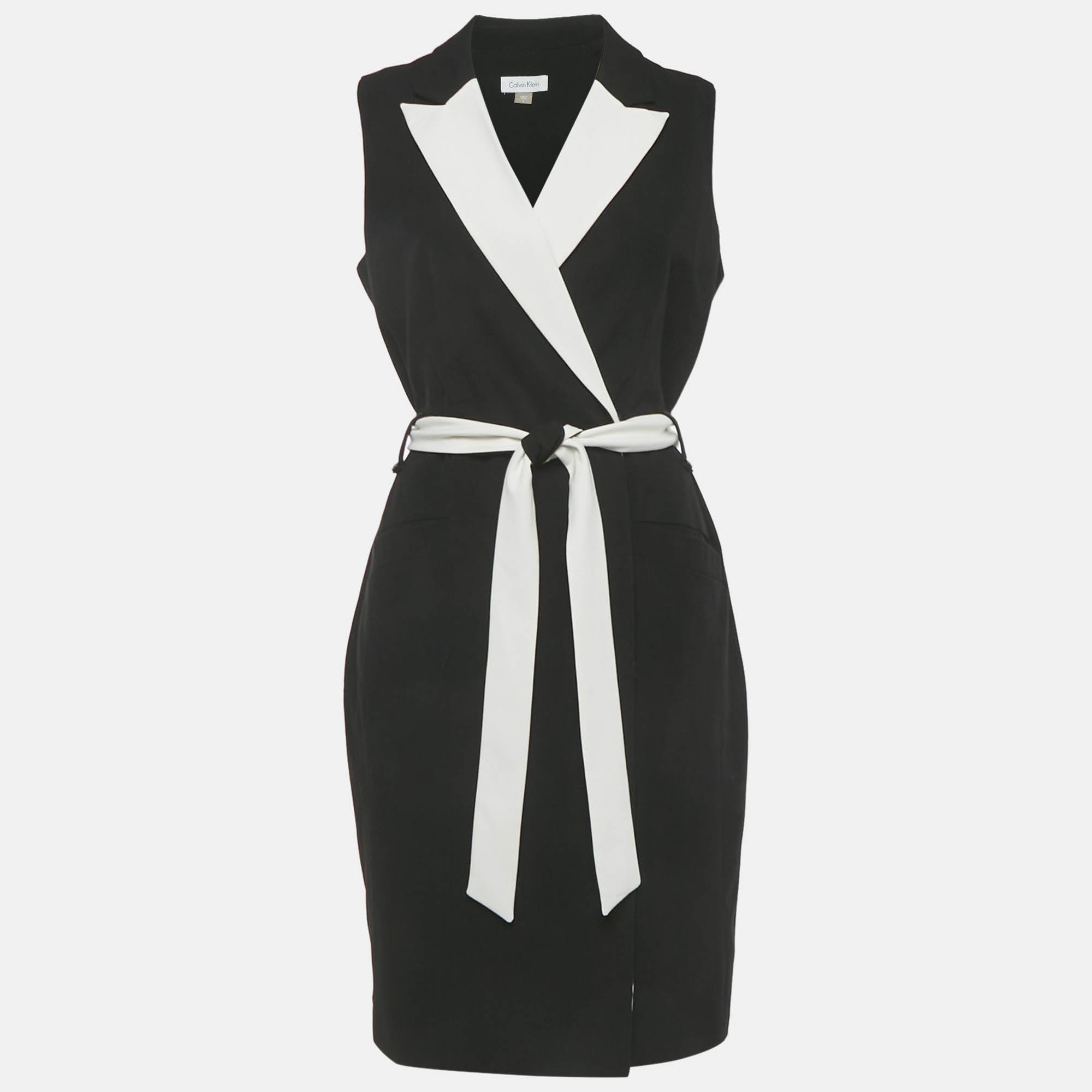 Pre-owned Calvin Klein Black Crepe Belted Sleeveless Short Dress S