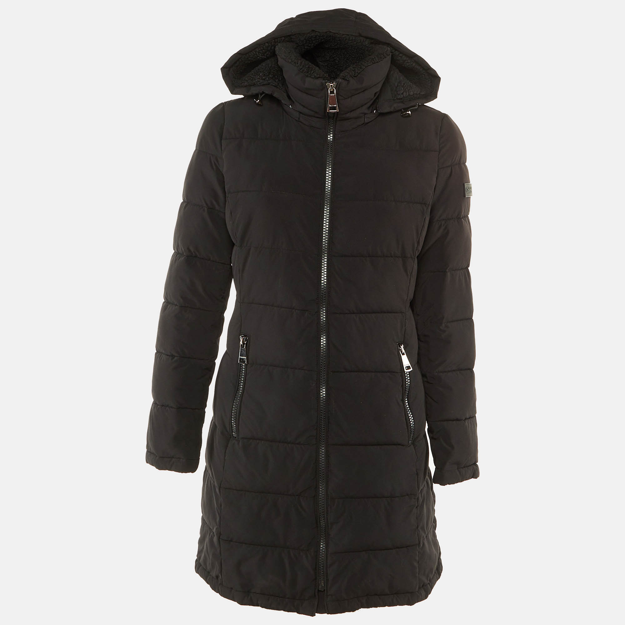 Pre-owned Calvin Klein Black Quilted Zip Up Hooded Coat S