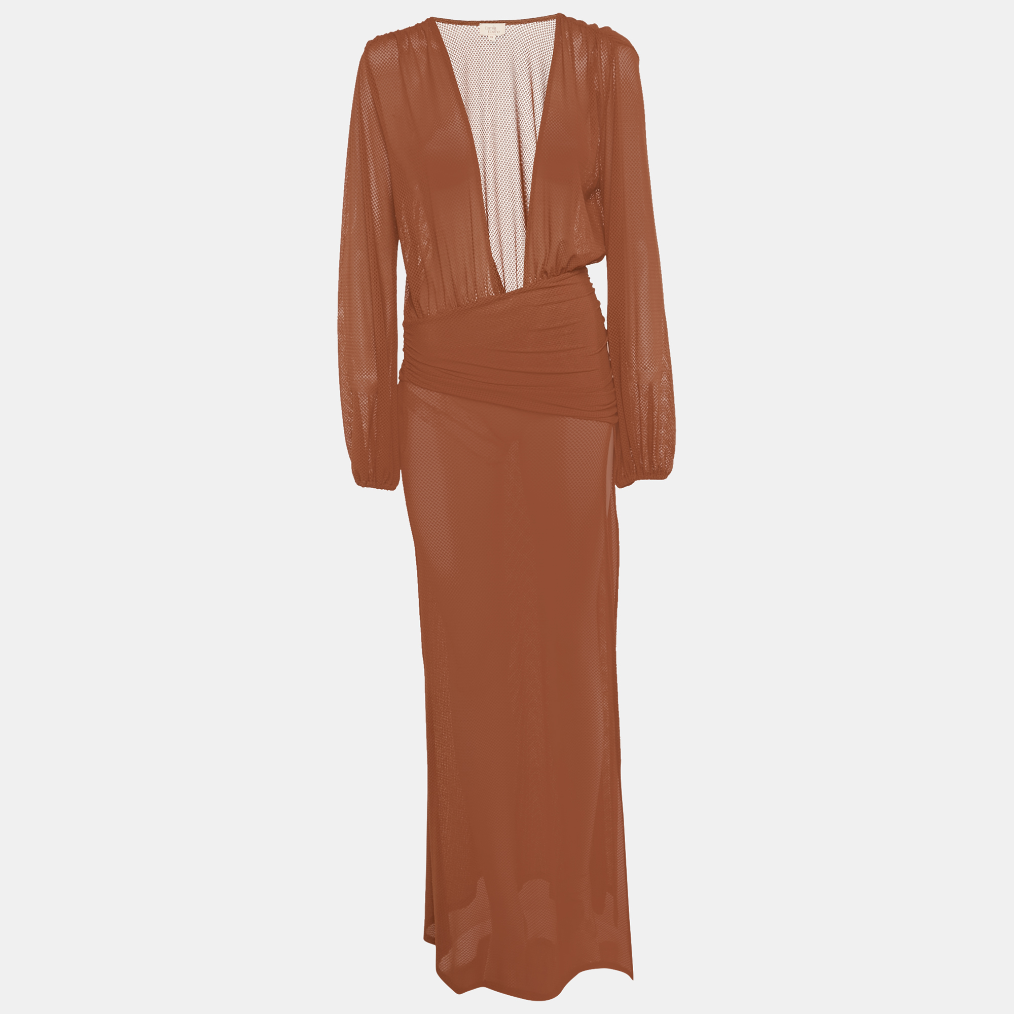 Camila Coelho Brown Jersey Mesh Plunge Neck Kimber Maxi Dress XS
