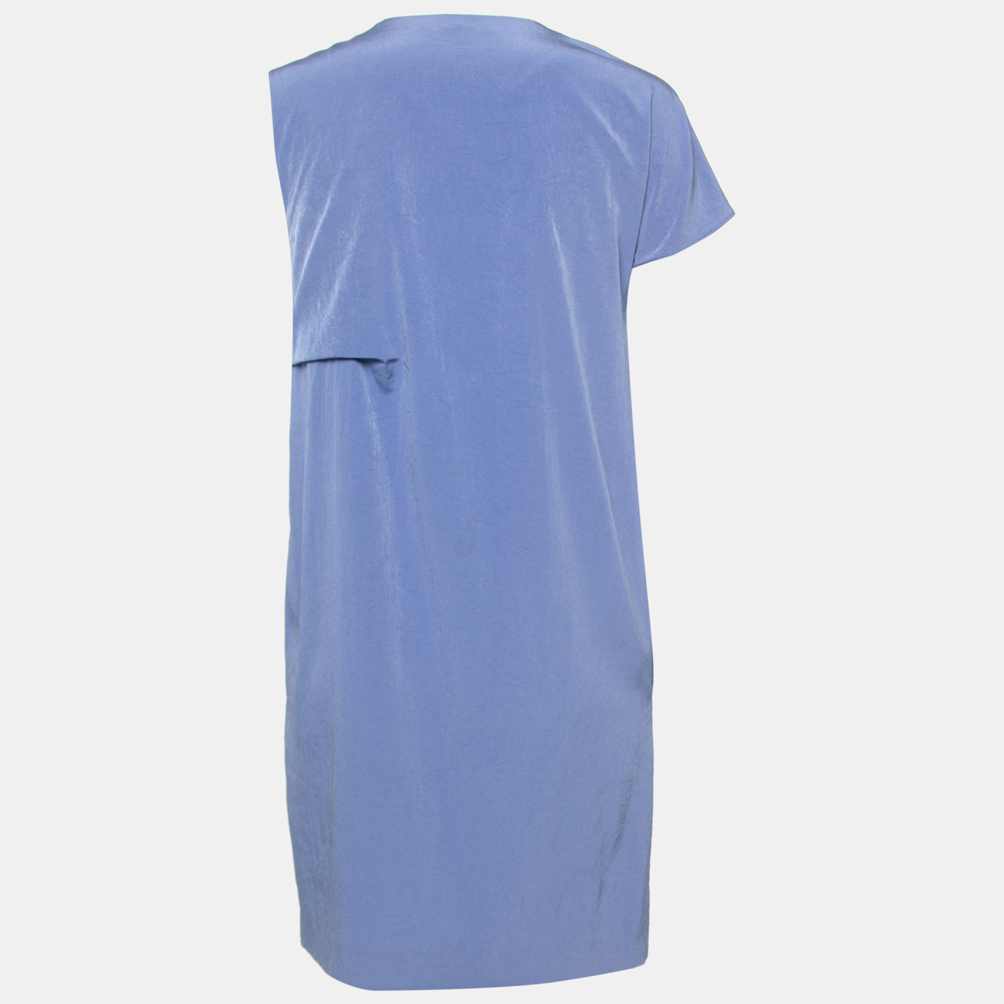 

Carven Cornflower Blue Crepe Ruched Asymmetric Sleeve Shift Dress