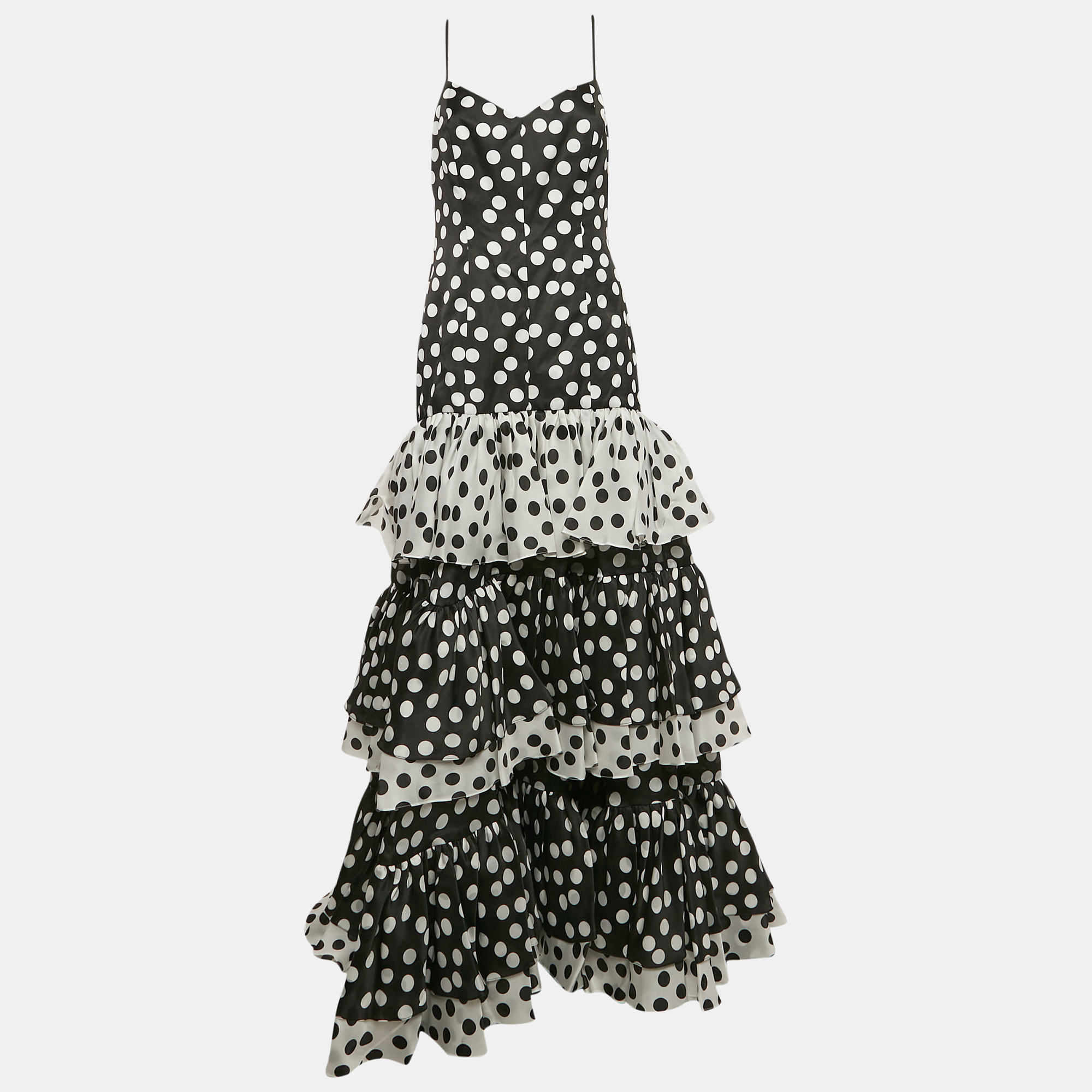 

Carolina Herrera Black/White Polka Dots Print Silk Tiered Mermaid Gown L