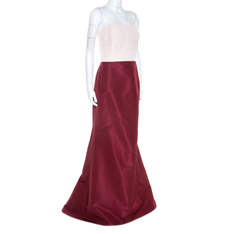 

Carolina Herrera Burgundy and Pink Silk Strapless Gown